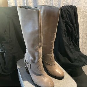 Ralph Lauren Delsa high leather boot in taupe front logo detail with straps 6